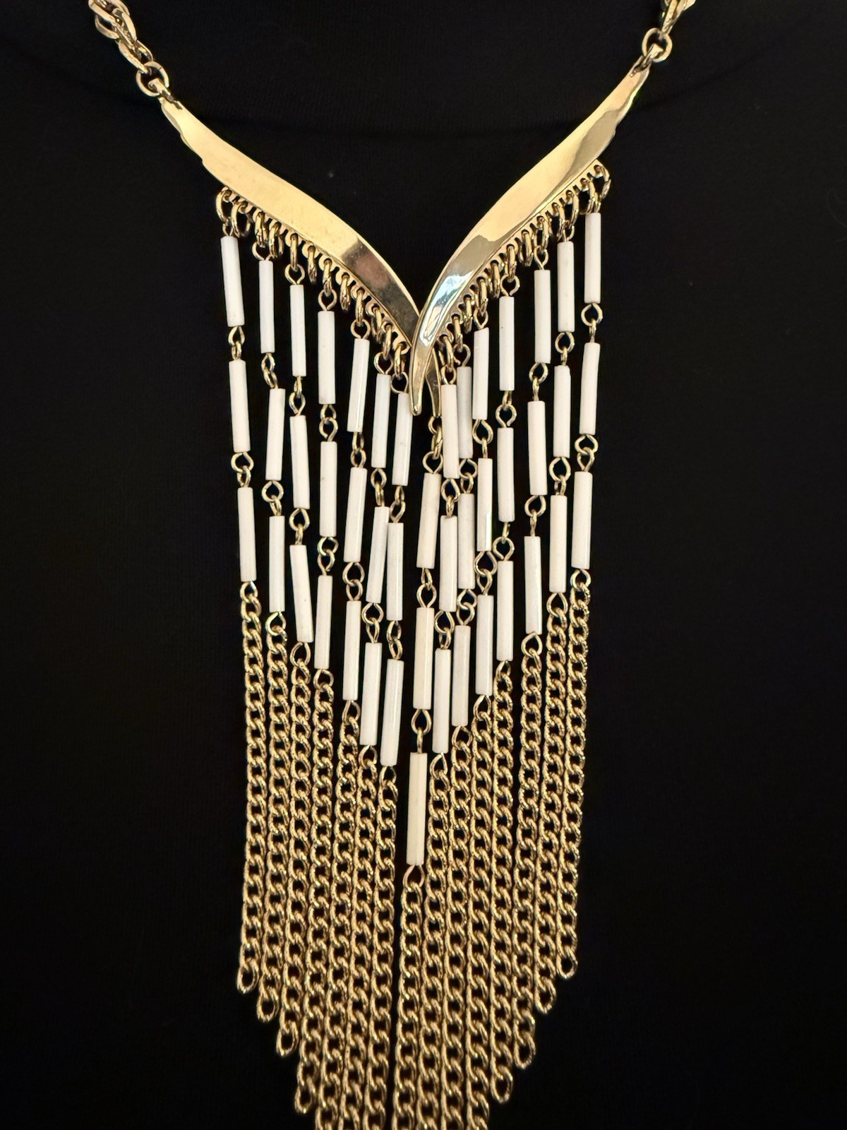 Vintage Beaded Waterfall Fringe Statement Bib Necklace Gold Tone