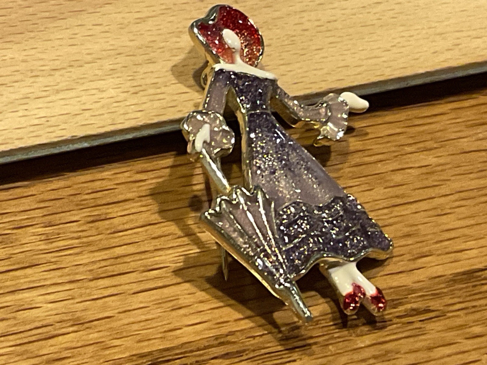 Vintage Lady in Dress Enamel Brooch/Pin w/Red Hat & Shoes, Umbrella – Gold Tone