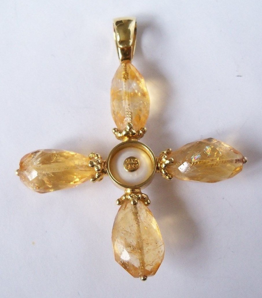 Vintage Mazza MAZ 18k Gold Citrine Pearl Cross Pendant Large Signed 21.4g