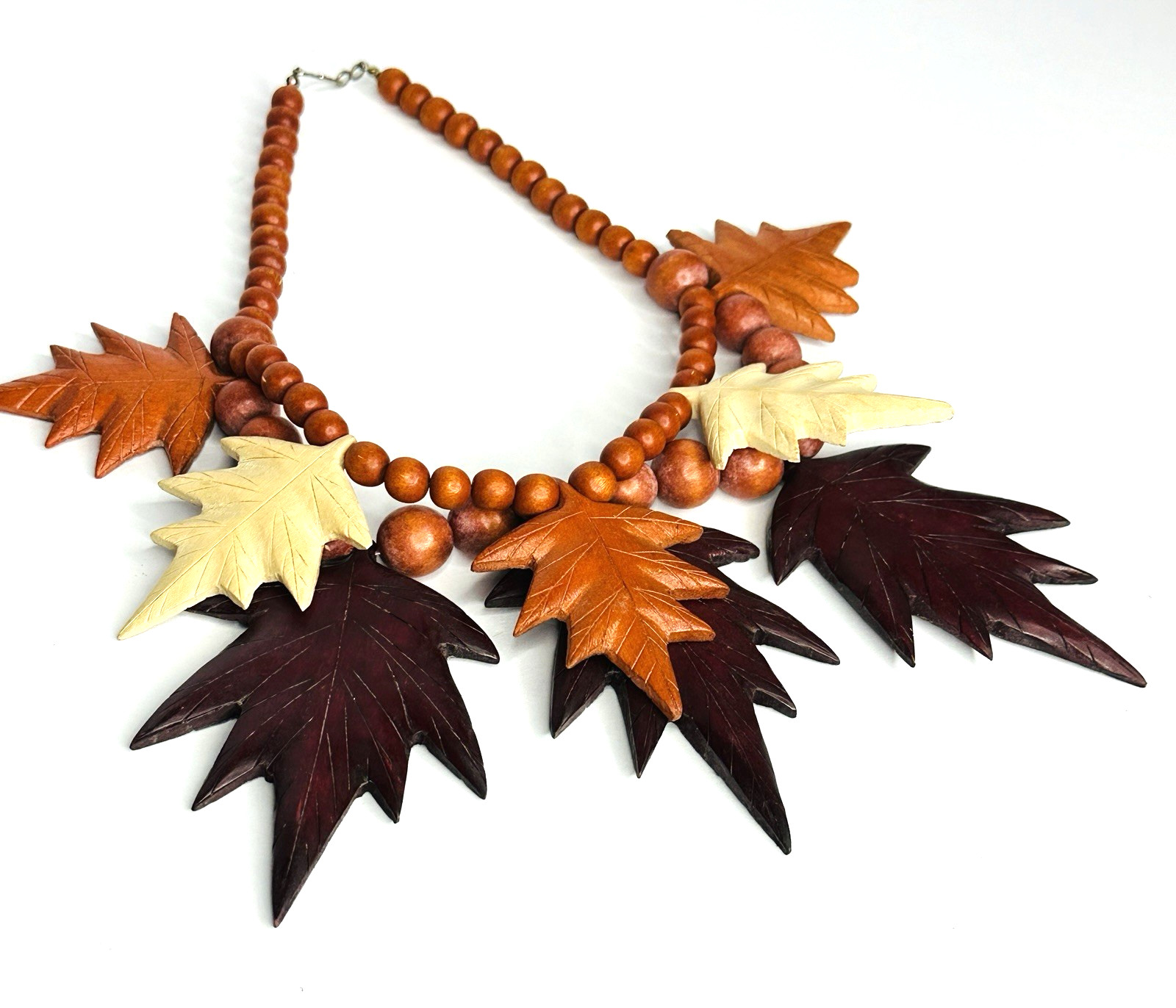 VTG Boho Wooden Leaf Necklace Double Strand Beaded Autumn Fall Colors Statement
