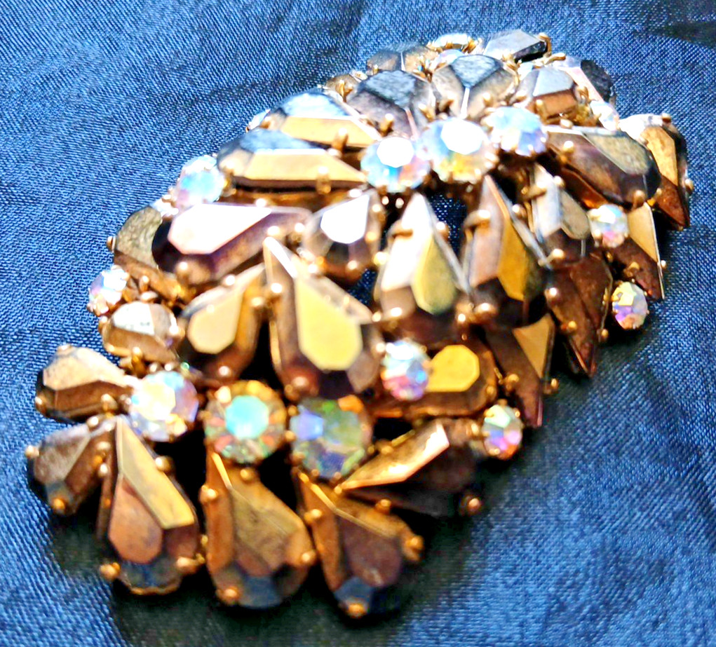 Vtg Crystal Gold Bronze Brooch Pin Lrg Rhinestones AB Openback Clasp for REPAIR