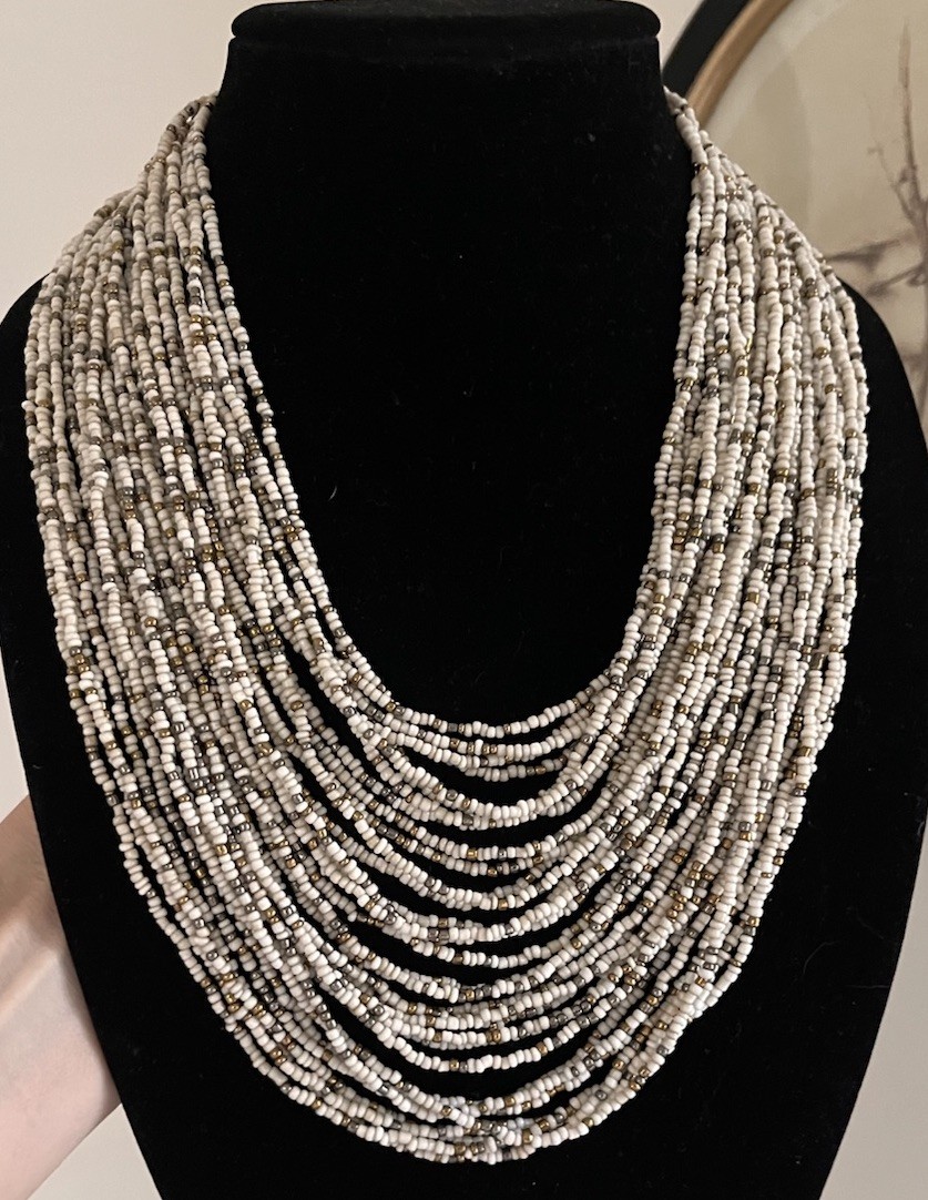 Vintage Multi Layered Ivory Gold Glass Seed Beaded Wood Hook Clasp Boho Necklace