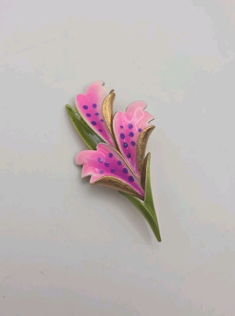 Vintage Corocraft Enameled Pink Purple Lily Orchid Retro Brooch Gold Tone Signed