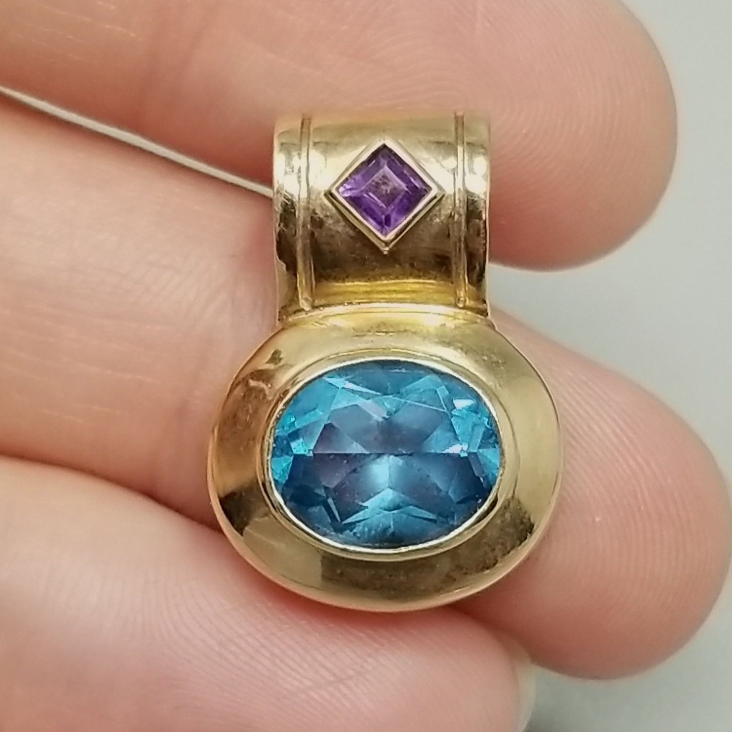 Vintage 14k Gold Oval Blue Topaz Pendant Large Slide Bail December Birthstone