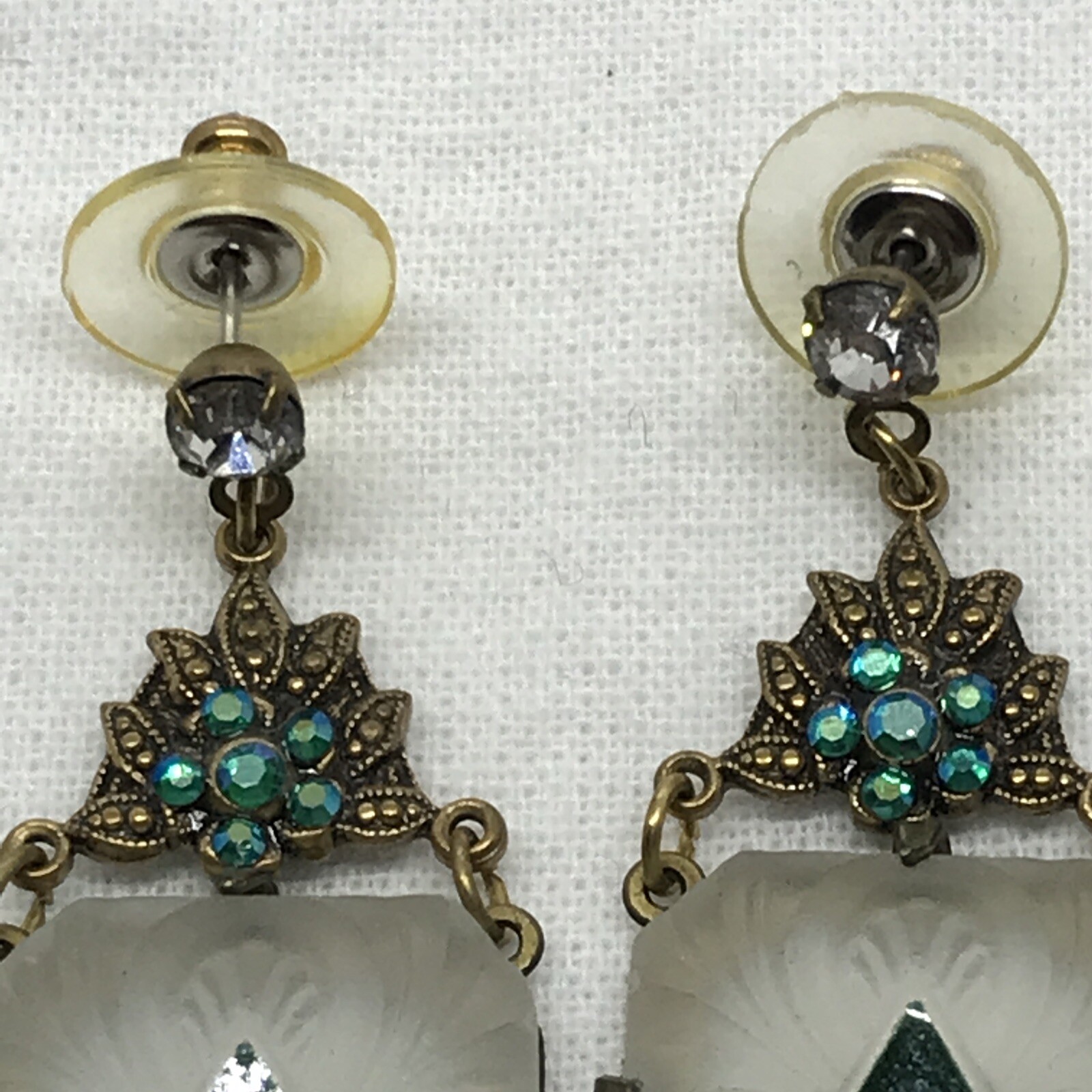 Vintage Glass Works Studio Carved Matte Glass, Crystal Acc & Brass tone Earrings