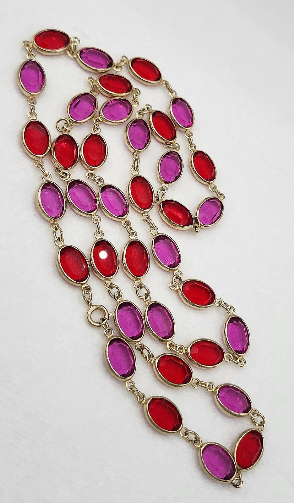 Vintage Bezel Set Oval Fuchsia Pink & Red Crystal Opera Length Necklace 29″ Long