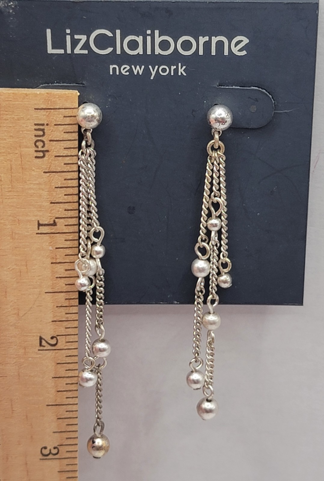 New Vintage Liz Claiborne Silver Tone Multi Strand Dangle Earrings Drop Chain 3″