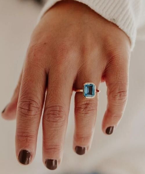 14k Gold Plated 2.00Ct Emerald Lab Created Blue Aquamarine Bezel Engagement Ring