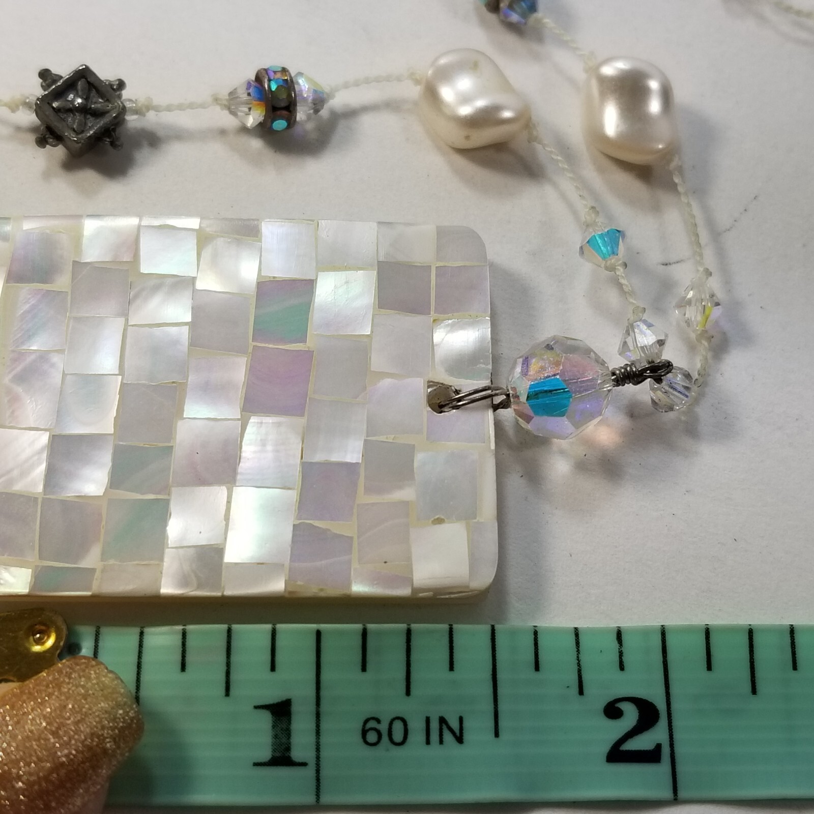 925 Sterling Silver Mother of Pearl Inlay Pendant/Necklace Choker Station 16.5″