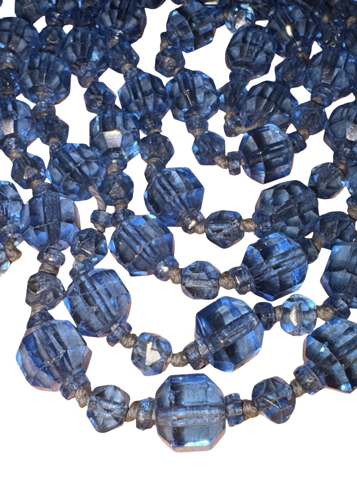 Antique 1920s Flapper Czech Glass Long Necklace Ceylon Sapphire Blue Beads 64”