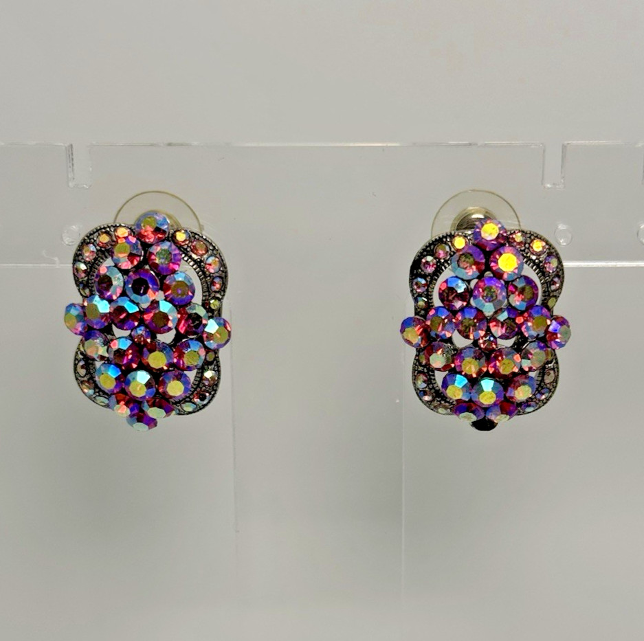 Vintage AB Rhinestone Cluster Earrings Pink Purple Aurora Borealis Gunmetal