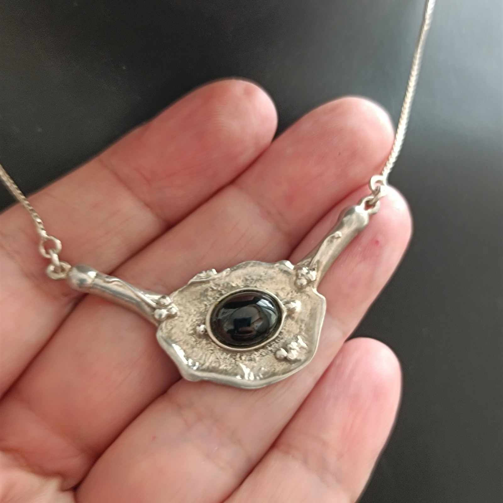Modernist Silver Onyx Necklace Artisan Freeform Bib Brutalist Israel Art Vintage