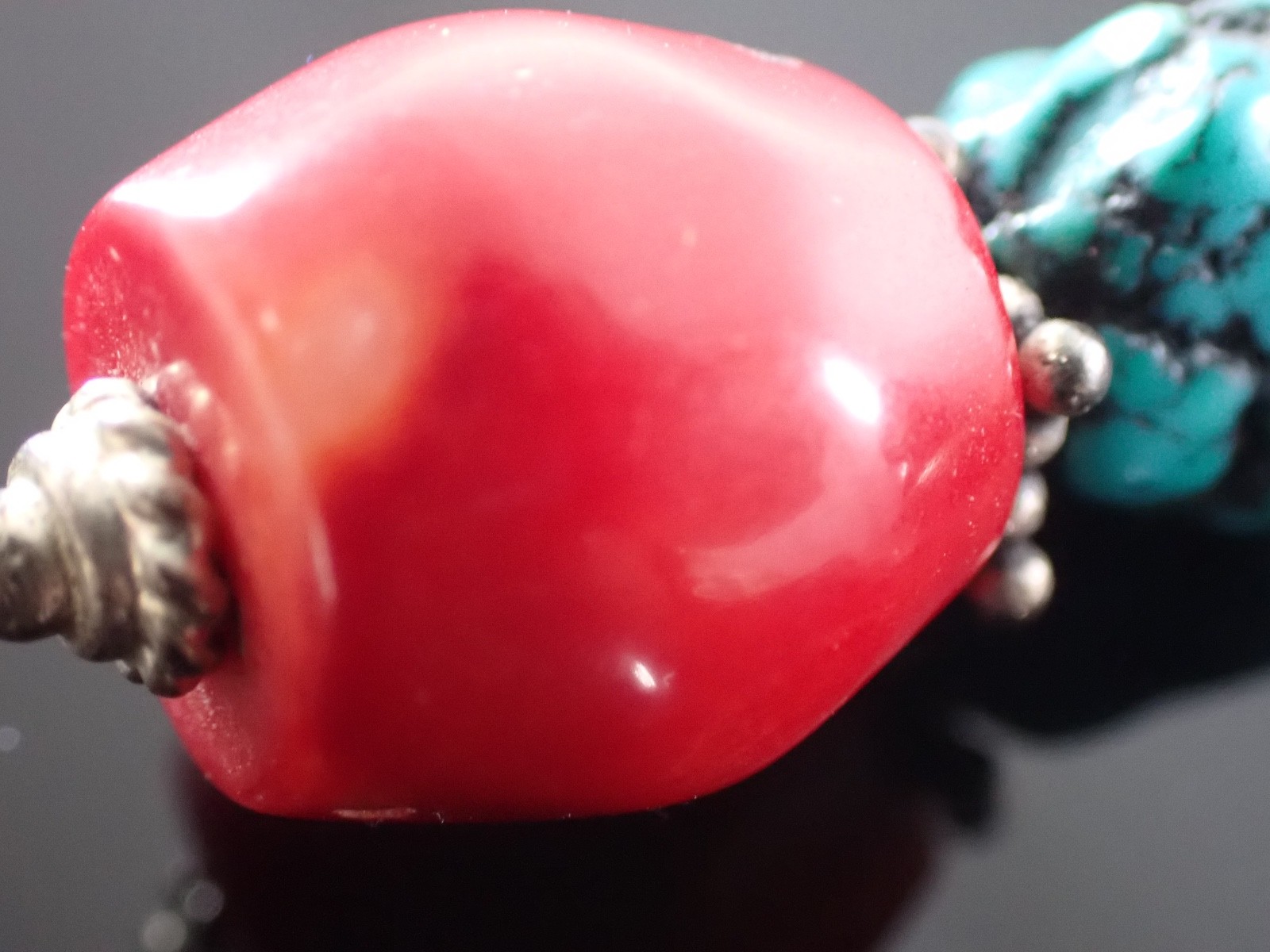 Vintage Sterling Drop Earrings Red Bead & Turquoise Matrix Stones Artisan