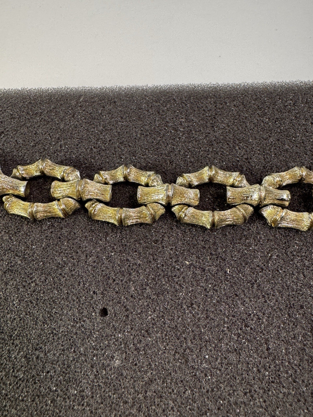 Vintage Lisner 1960s Modernist Bamboo Panel Link Bracelet Fold Over Clasp Signed