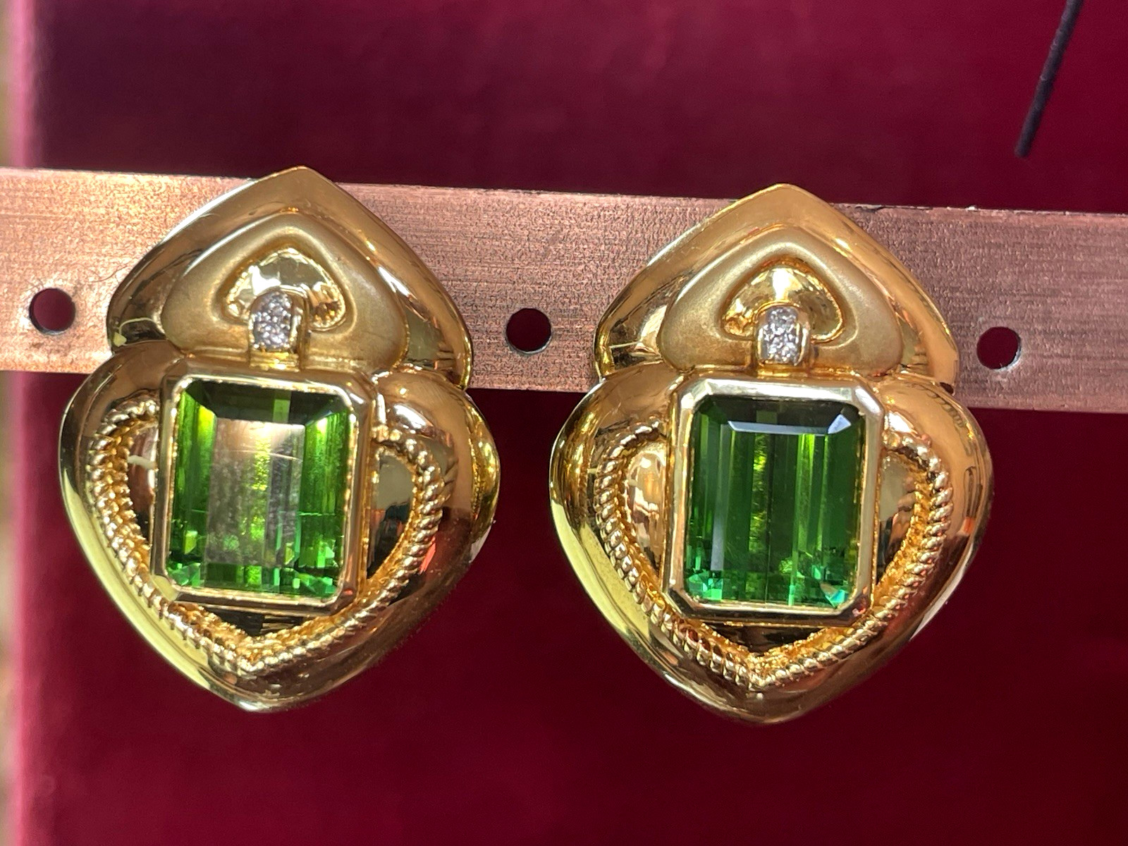 18K GOLD GREEN TOURMALINE & DIAMOND EARRINGS SIGNED OMEGA 23grs APPRAISAL $5,000
