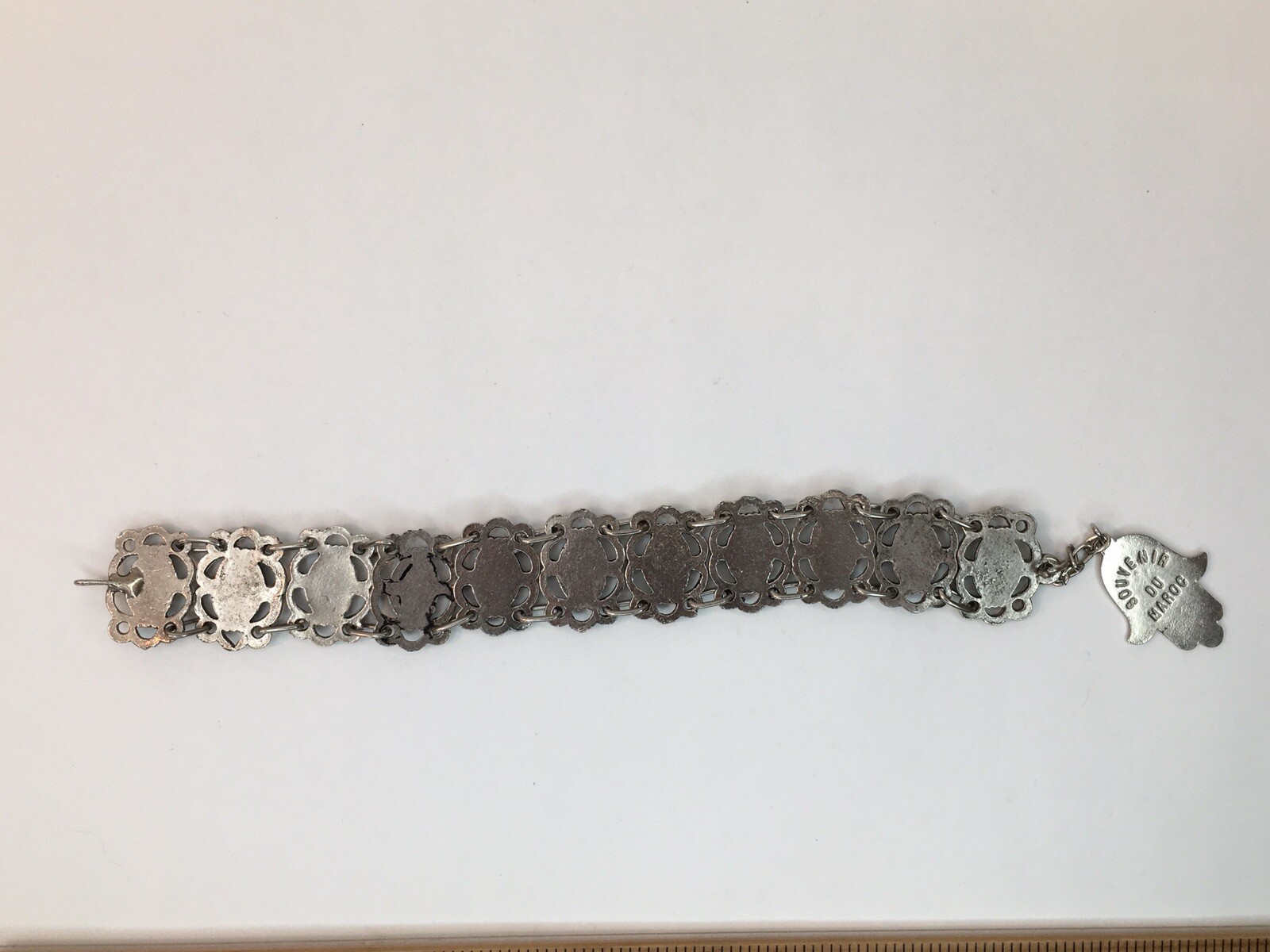 Vtg Souvenir du Maroc Moroccan Bracelet Poured Teal Enamel Hamsa Hand Charm