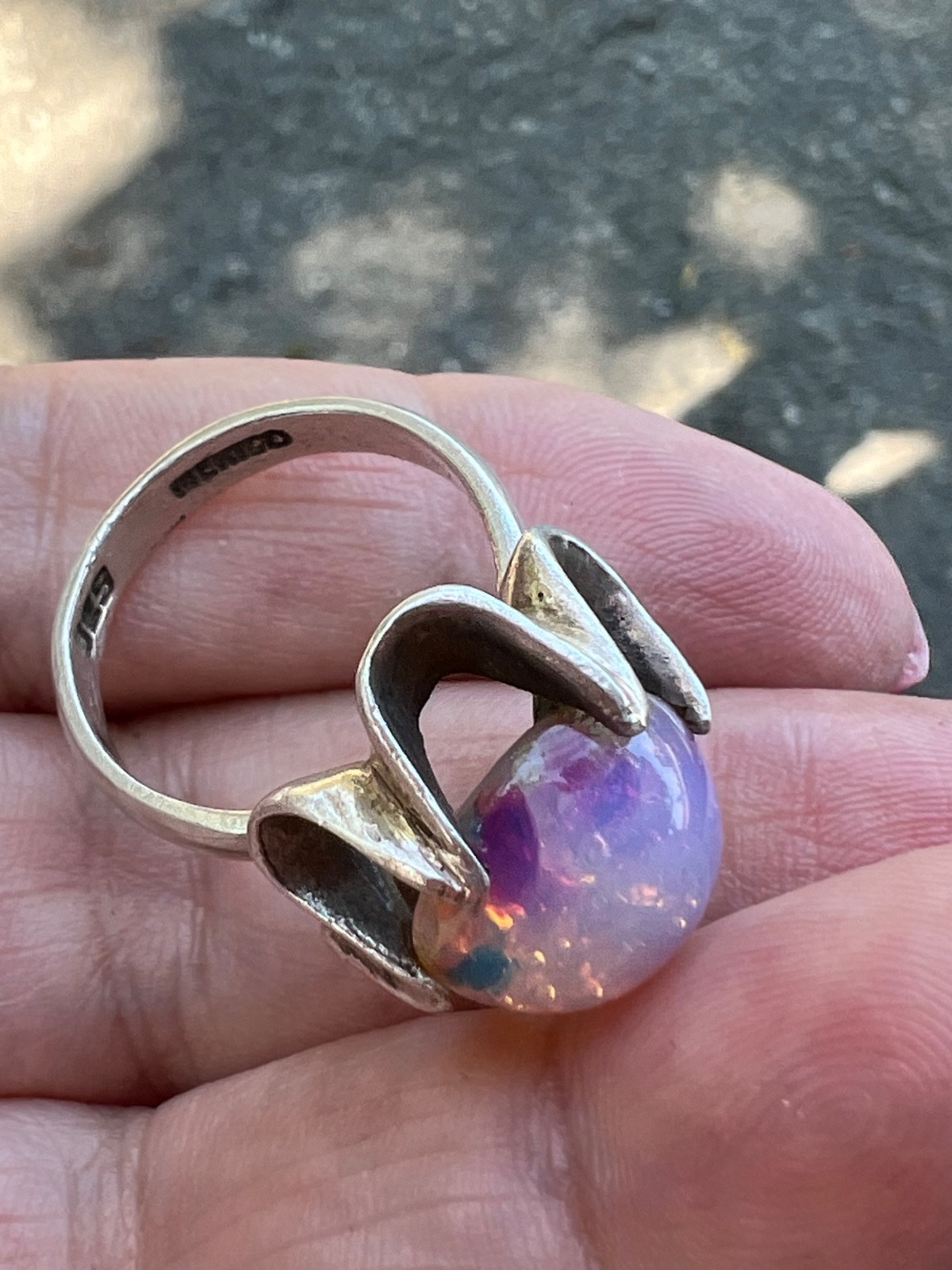 VINTAGE LARGE ROUND CABOCHON FAUX RAINBOW OPAL RING 925 STERLING SLVER MEXICO
