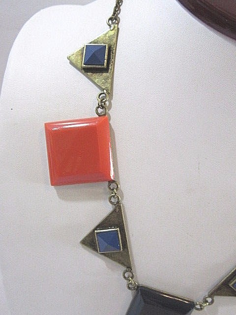 GOLD TONE PLATED METAL DESIGNER BRONZE TONE RESIN DECO STYLE COLLAR GEOMETRIC