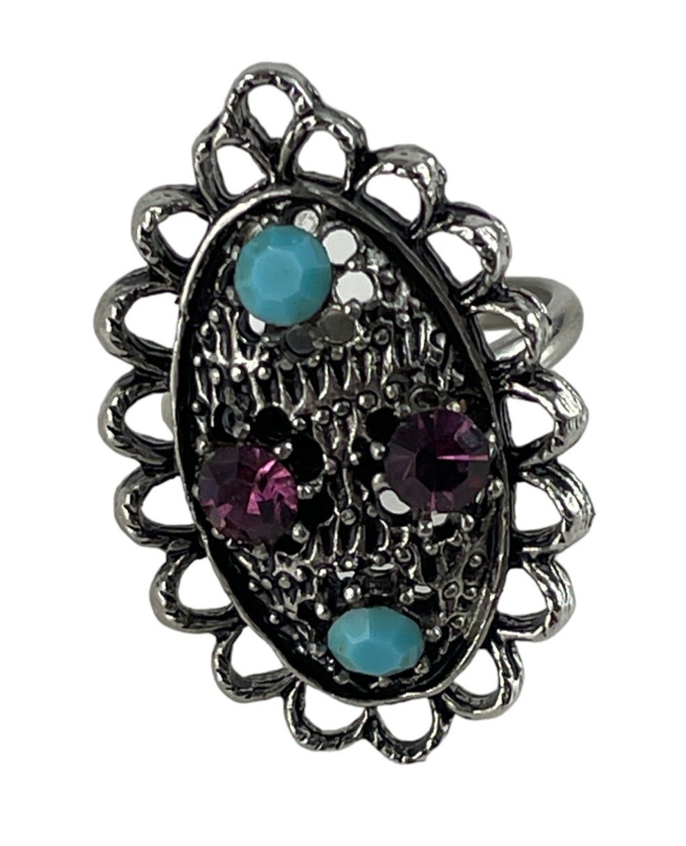 Vintage Purple & Blue Multi Stone Silver Tone Adjustable Ring