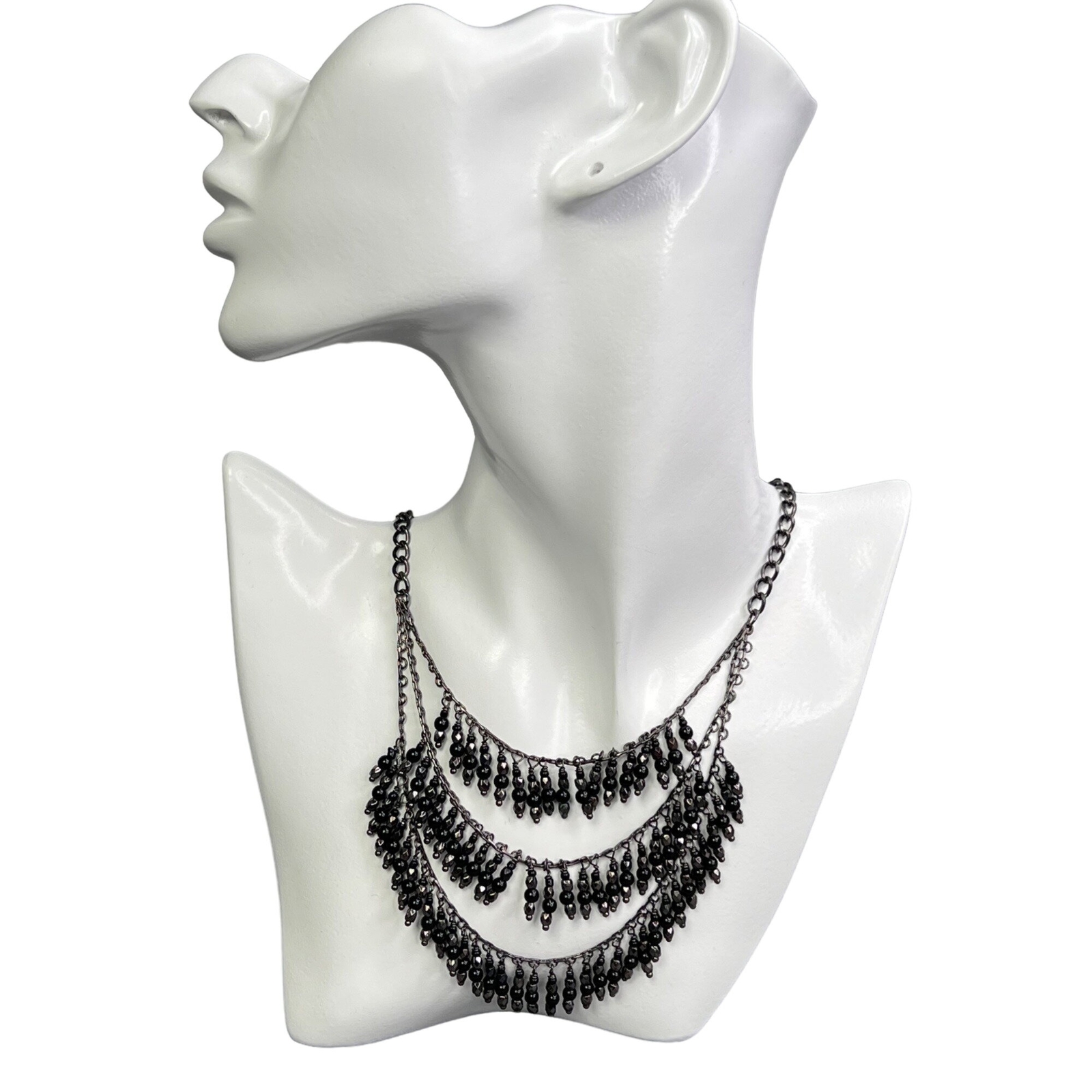 Talbots Layered Fringe Necklace Statement Black Beaded Gunmetal Dangle 20 in