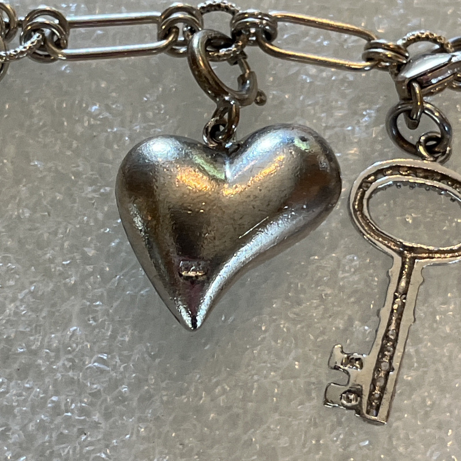 Sterling Silver Charm Bracelet 8 Charms Heart Key Cross Shoes Prayer Box