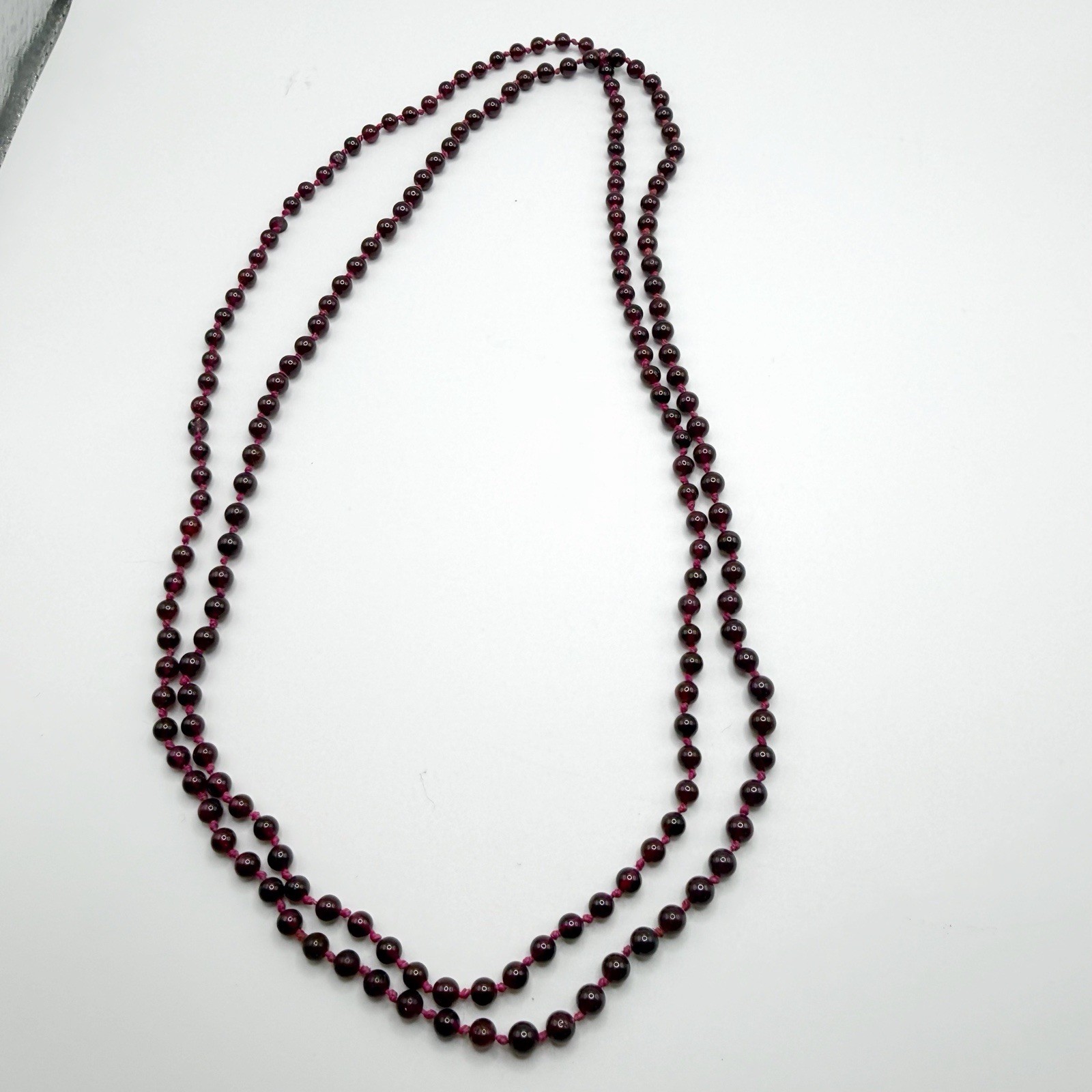 Vintage Genuine Natural Garnet Hand Knotted 4mm Bead Necklace, 38” Long