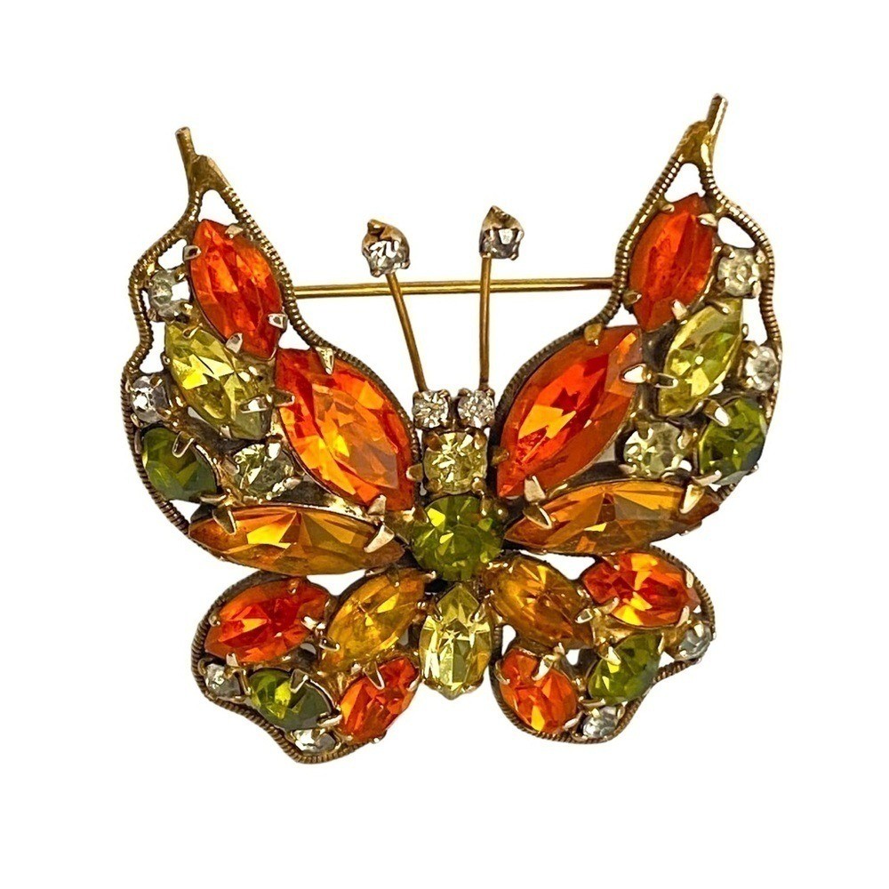 Vintage La Roco Butterfly Brooch Orange Green Rhinestone Pin Retro Estate Piece