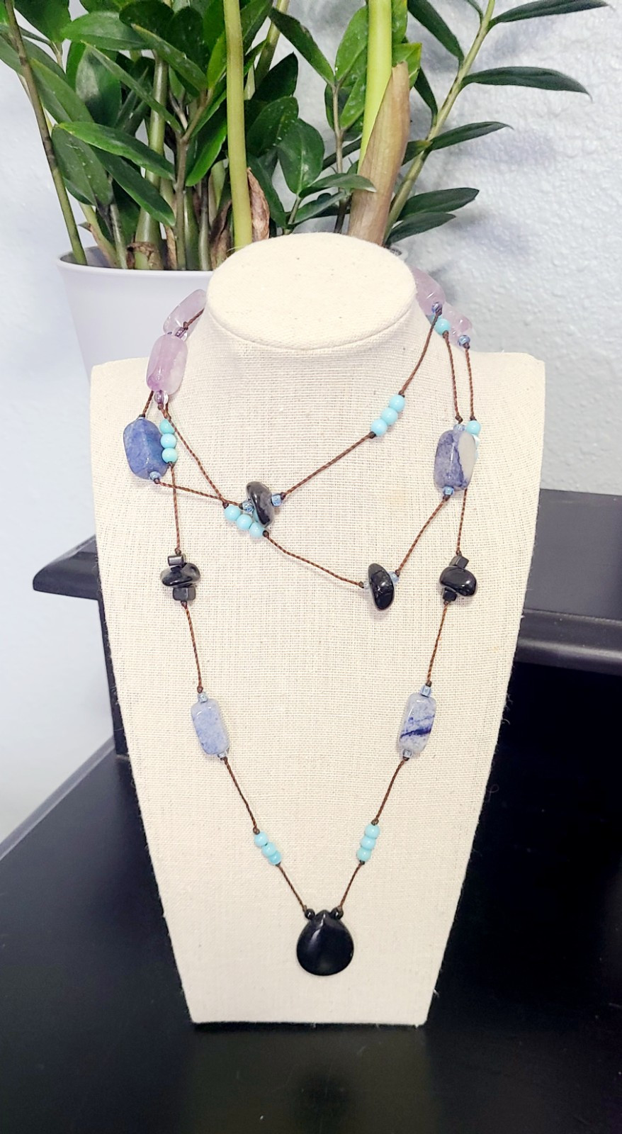 Vintage Long Necklace Blue Glass Beads Stones Different Shapes & Hues Necklace