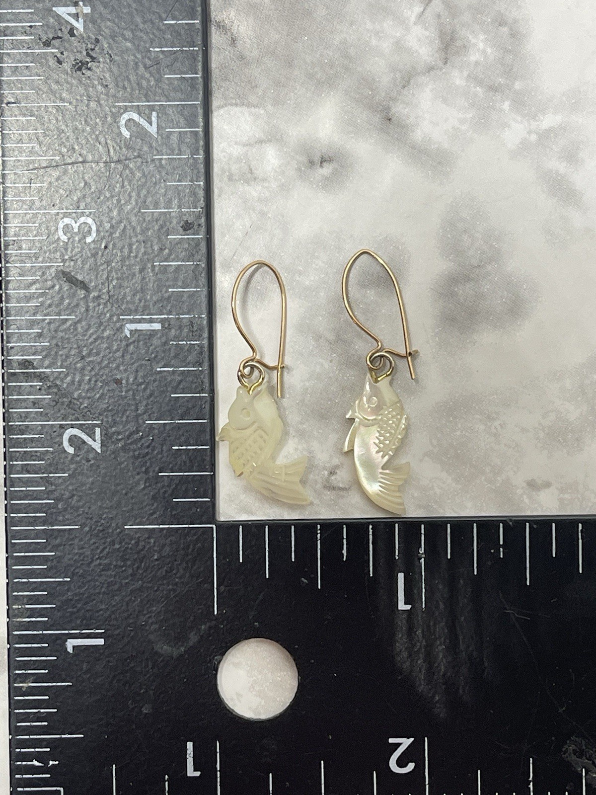 Vintage Mother of Pearl Carved MOP Pierced Koi Fish Dangle Earrings