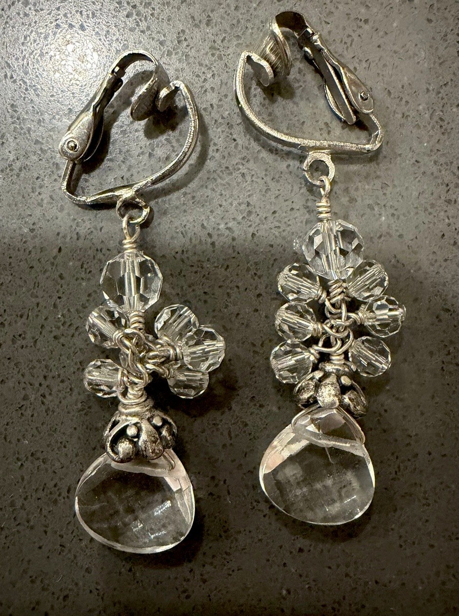 Handmade Crystal Cluster Clip On Earrings Faceted Teardrop Silver Tone