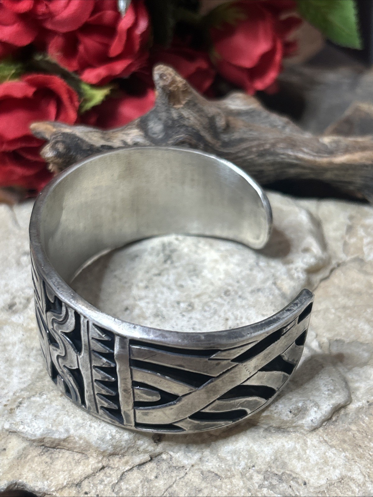 35. Vintage Early Taxco Sterling 925 Aztec Shadow Box Cuff Bracelet 7″,36.5g.Mex