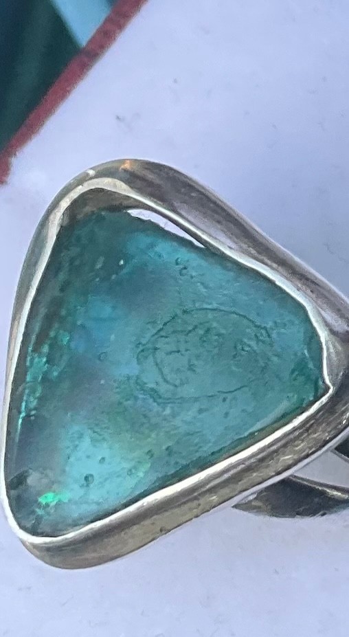 Vintage STERLING RING Aqua Sea Glass Shard Caribbean Blue Signed FNA Size 7.25