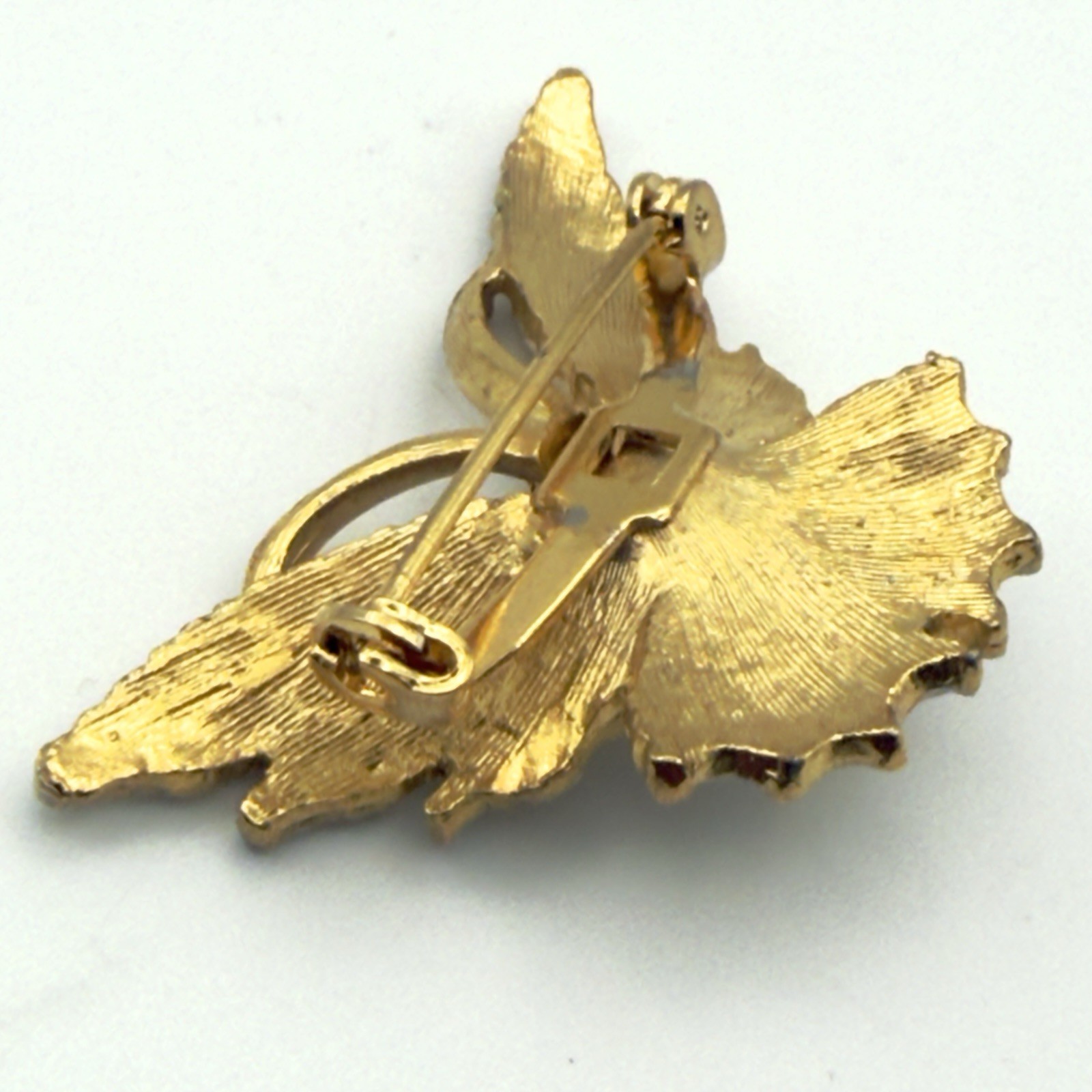 Vintage Butterfly Rhinestone Brooch Cream Enamel Faux Pearl Gold Tone
