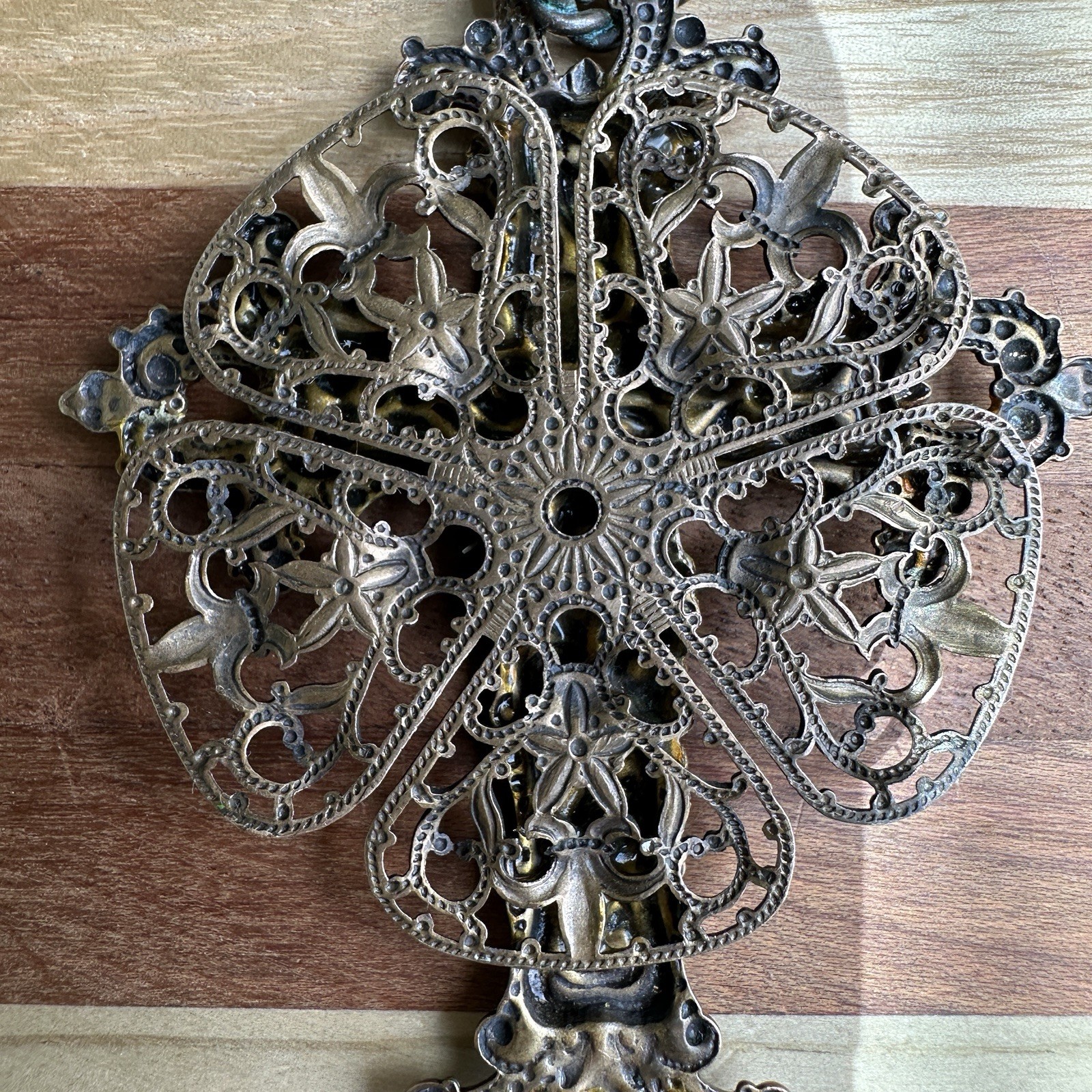 Vintage Christian Cross Pendant 3 Inch Ornate Brass Victorian Style Filigree