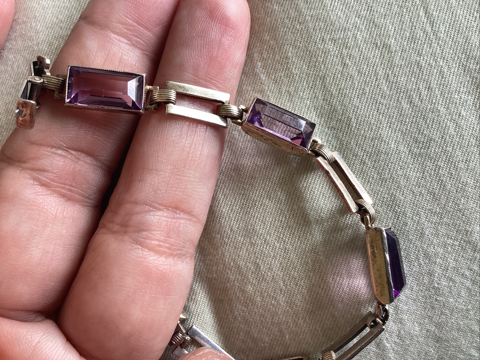 Vintage Sterling Silver 14 K Gold Purple Glass Line Bracelet 7.25”