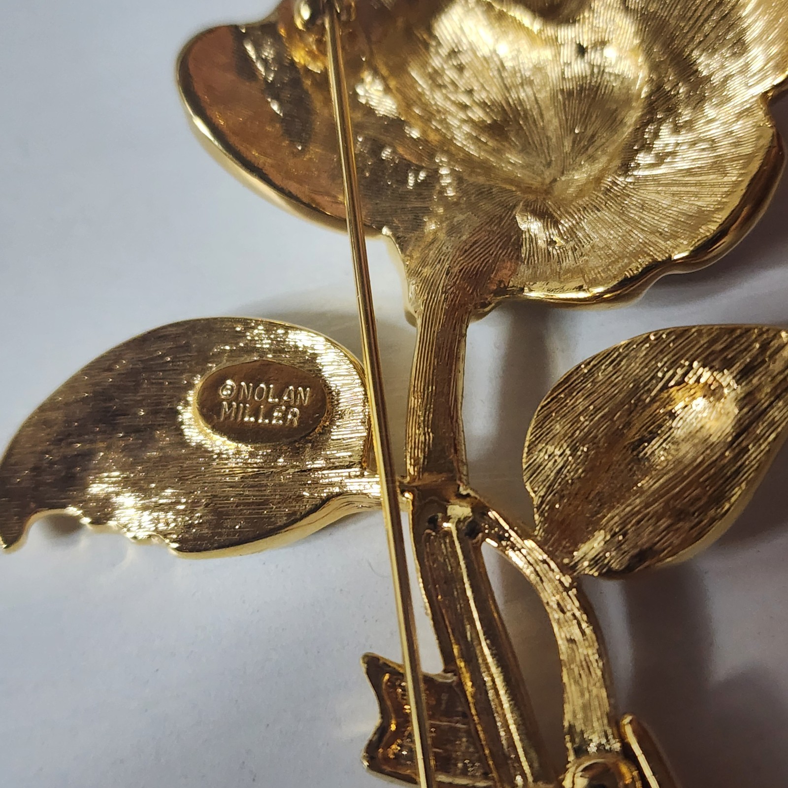 Vintage Nolan Miller Large Brooch Pin Pave Rose Flower Gold Tone & Rhinestones