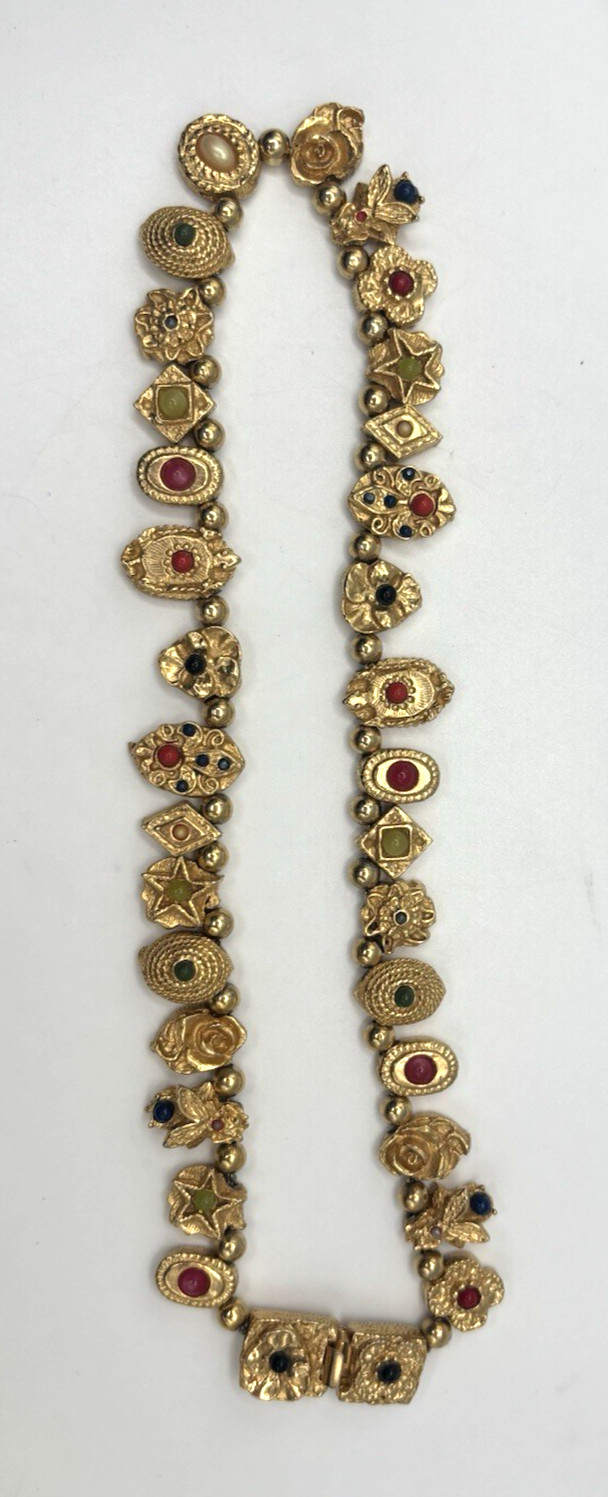 RARE Vintage Unsigned Goldette Victorian Revival Sliding Charm Necklace 16″