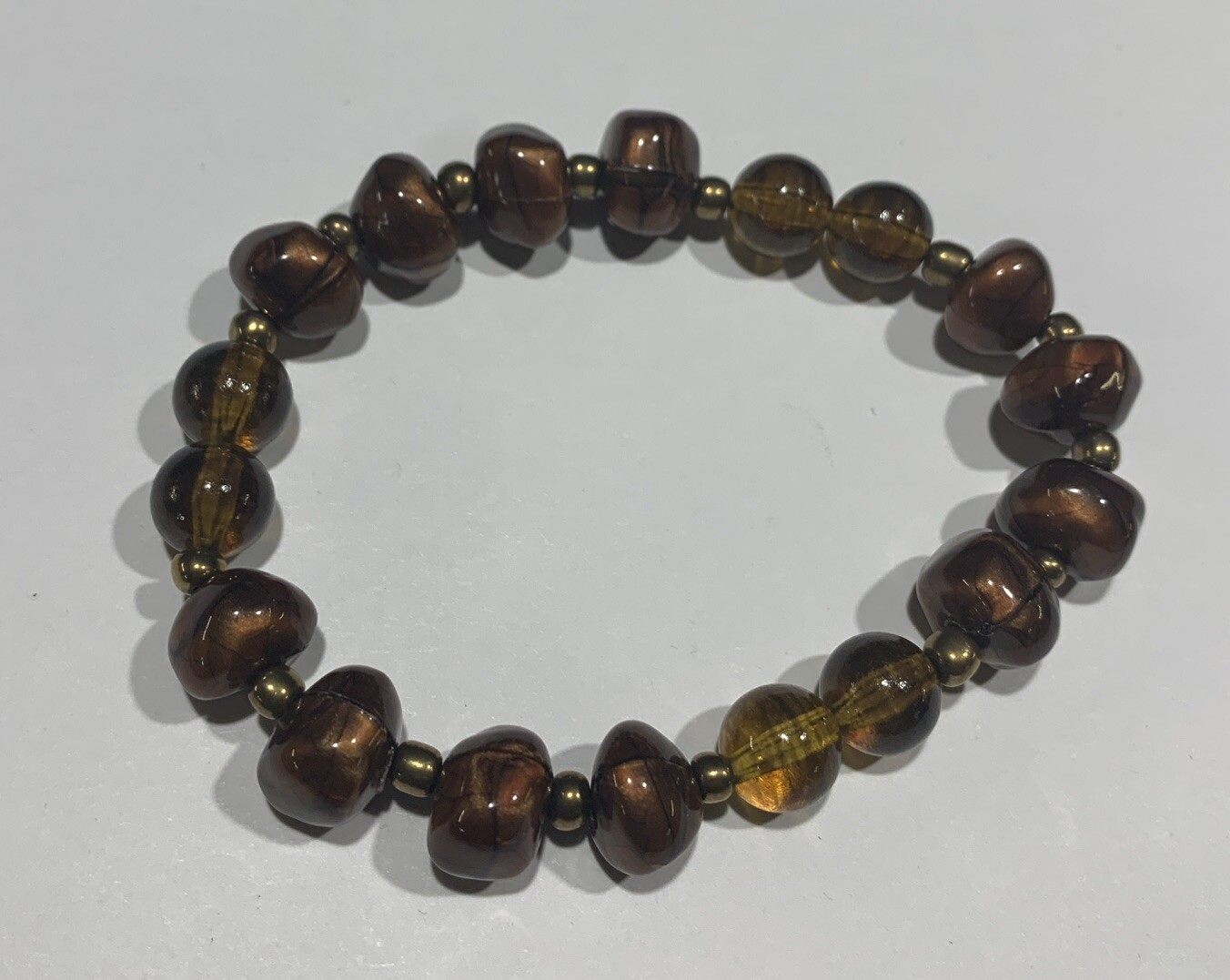 2 Pc Vintage Faux Amber Stretch Bracelets. With Gold Tone Beads. Brown & Orange