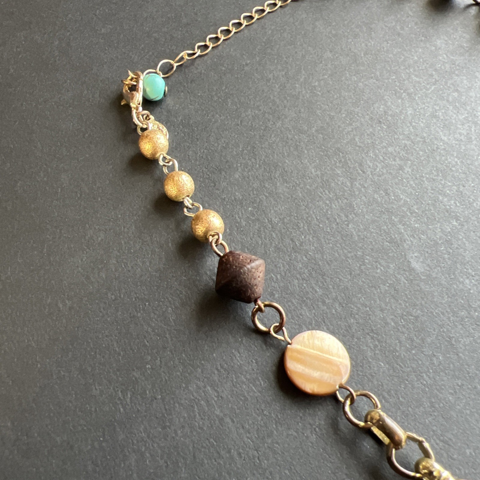 Vintage Turquoise Chip Inlay Beads Amber Mother of Pearl Abalone Bronze Necklace