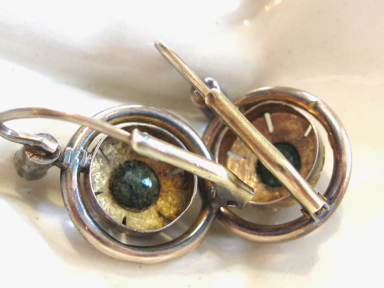 ANTIQUE CIRCULAR EMERALD AND ROSE CUT DIAMOND LEVER BACK GOLD EARRINGS 14K GOLD