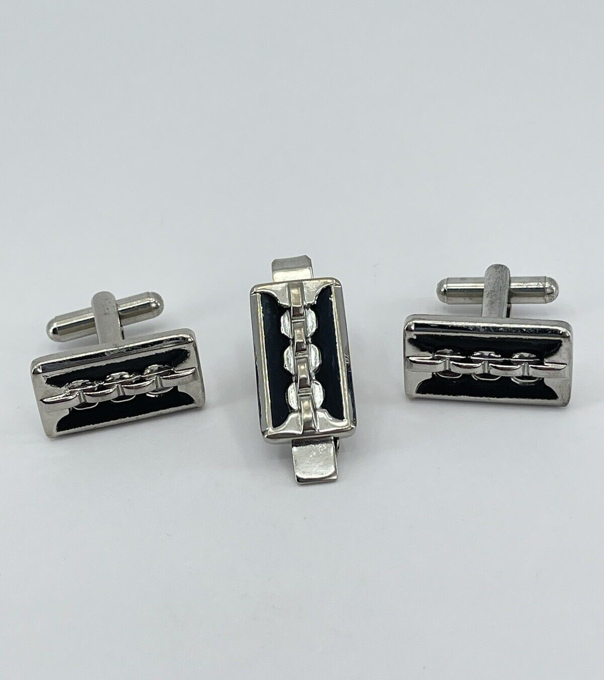 vintage silver tone cufflinks and tie clip set zipper like with black enamel
