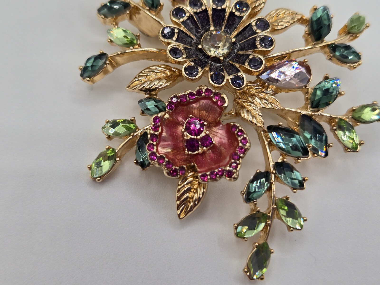 Napier Flower Brooch Gold Tone Enamel Green White Pink Purple Stones
