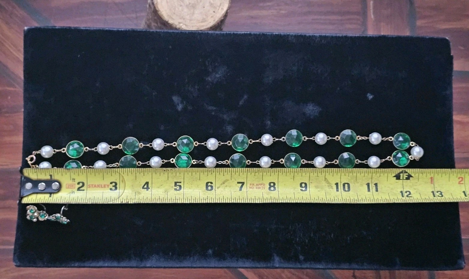 Vtg Green Acrylic Bezel Set Crystal Faux Pearl Goldtone Necklace Screwback Ear