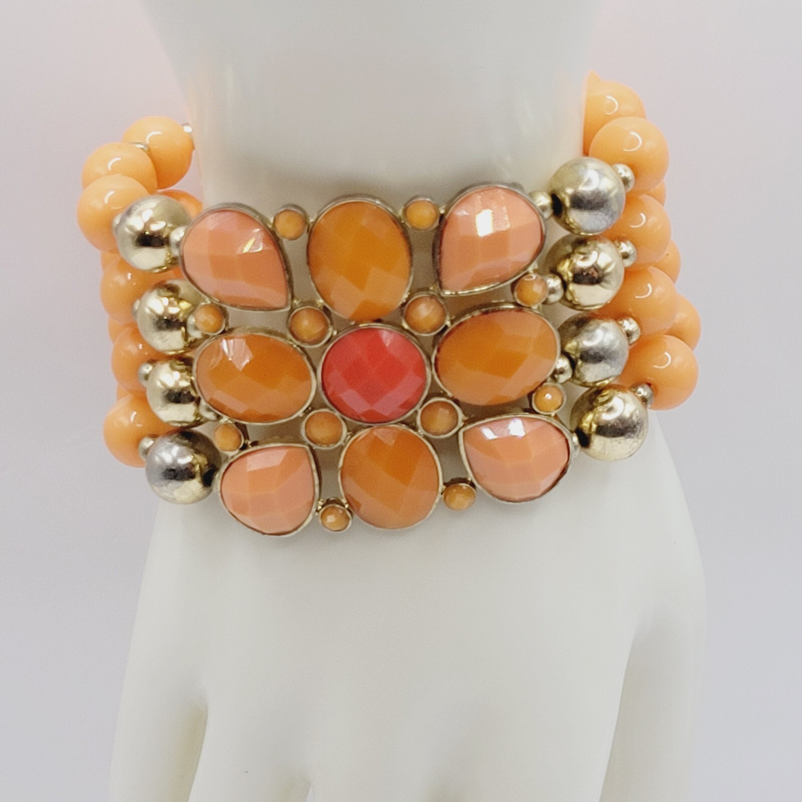 Orange Sherbet Melon Shade Wide Chunky Stretch Beaded Bangle Vintage Bracelet