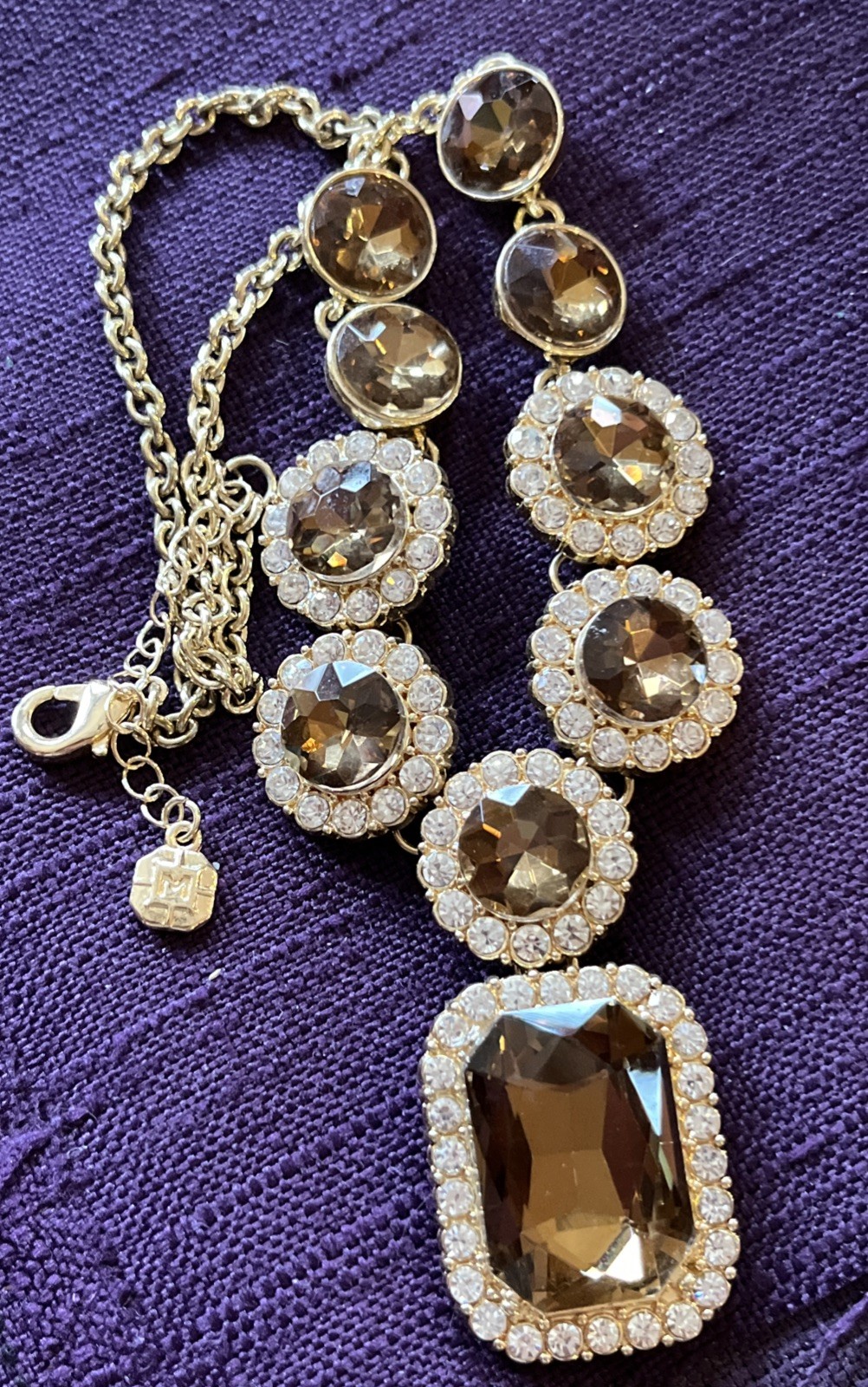 Vintage Monet Faceted Golden Topaz Crystal & Clear Rhinestone Statement Necklace