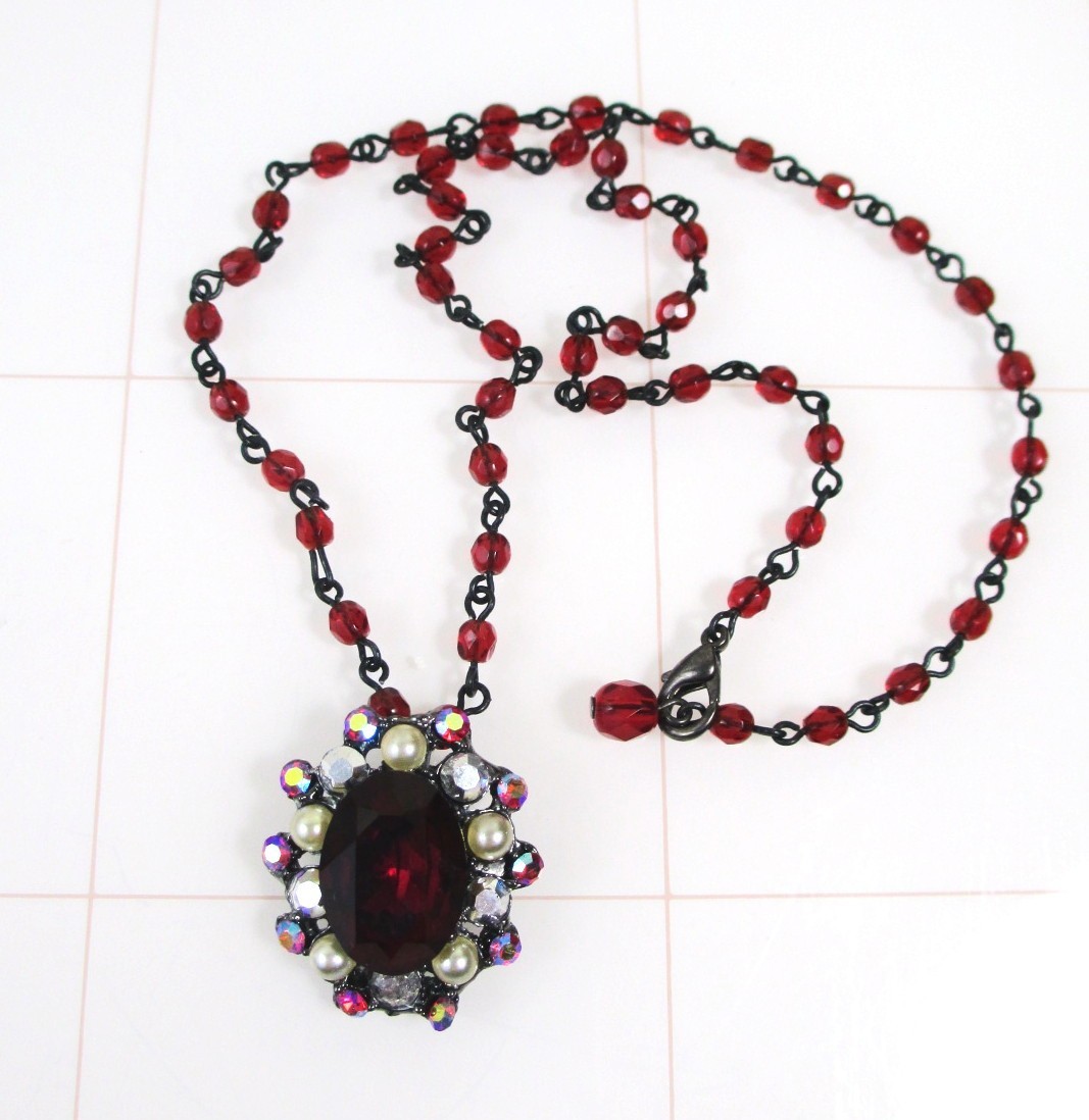 Vintage Ruby Red AB Rhinestone Choker Necklace Tiara Misu Signed Aurora Borealis