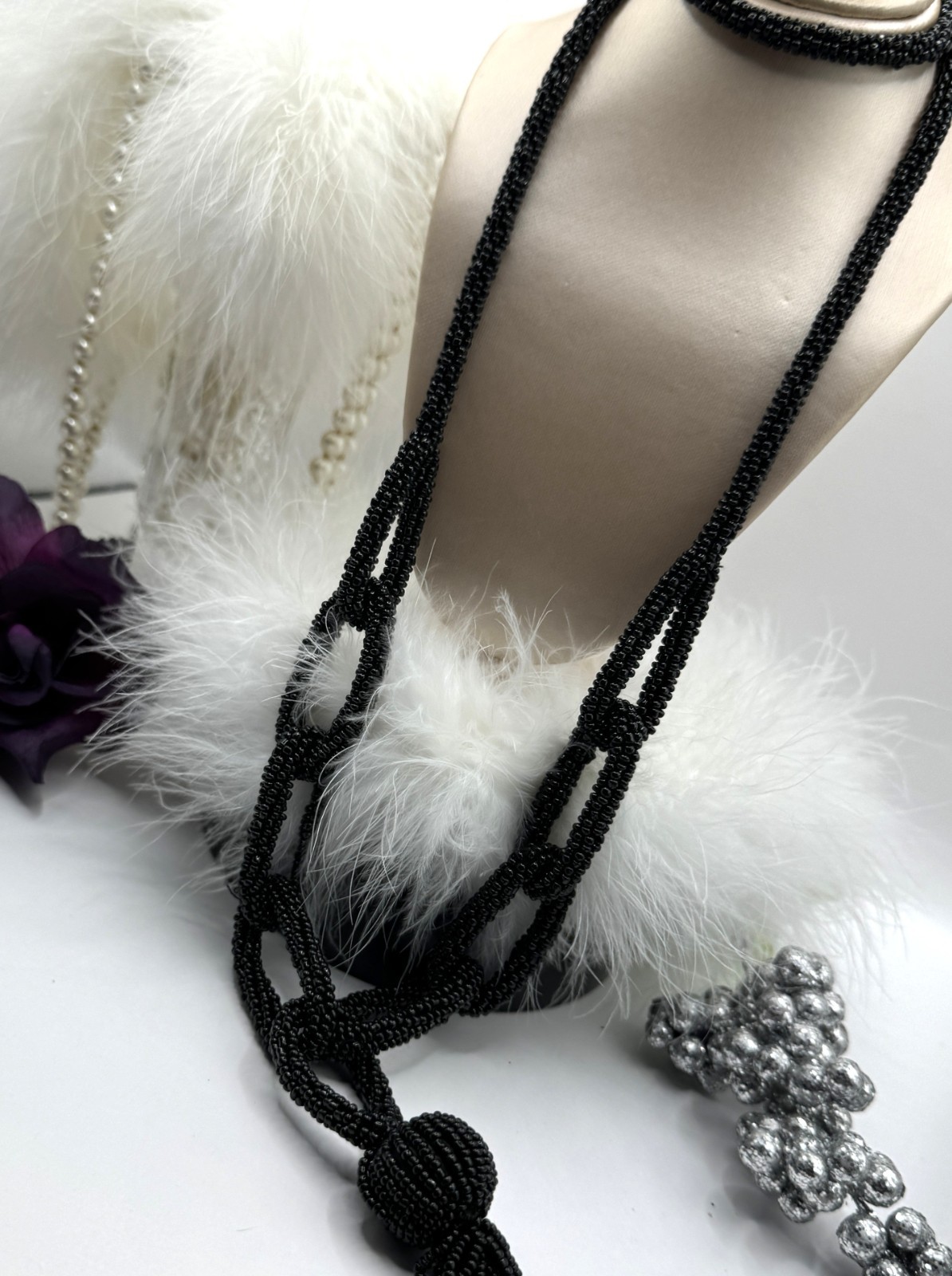 Designer Black Micro-Beaded Statement Necklace Multi-Looped Rare High End