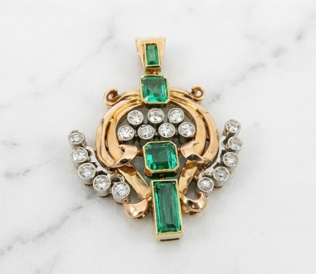 Antique 3.10CT Emerald Cut Real Emerald Pendant Vintage 14K Two-Tone Gold Finish
