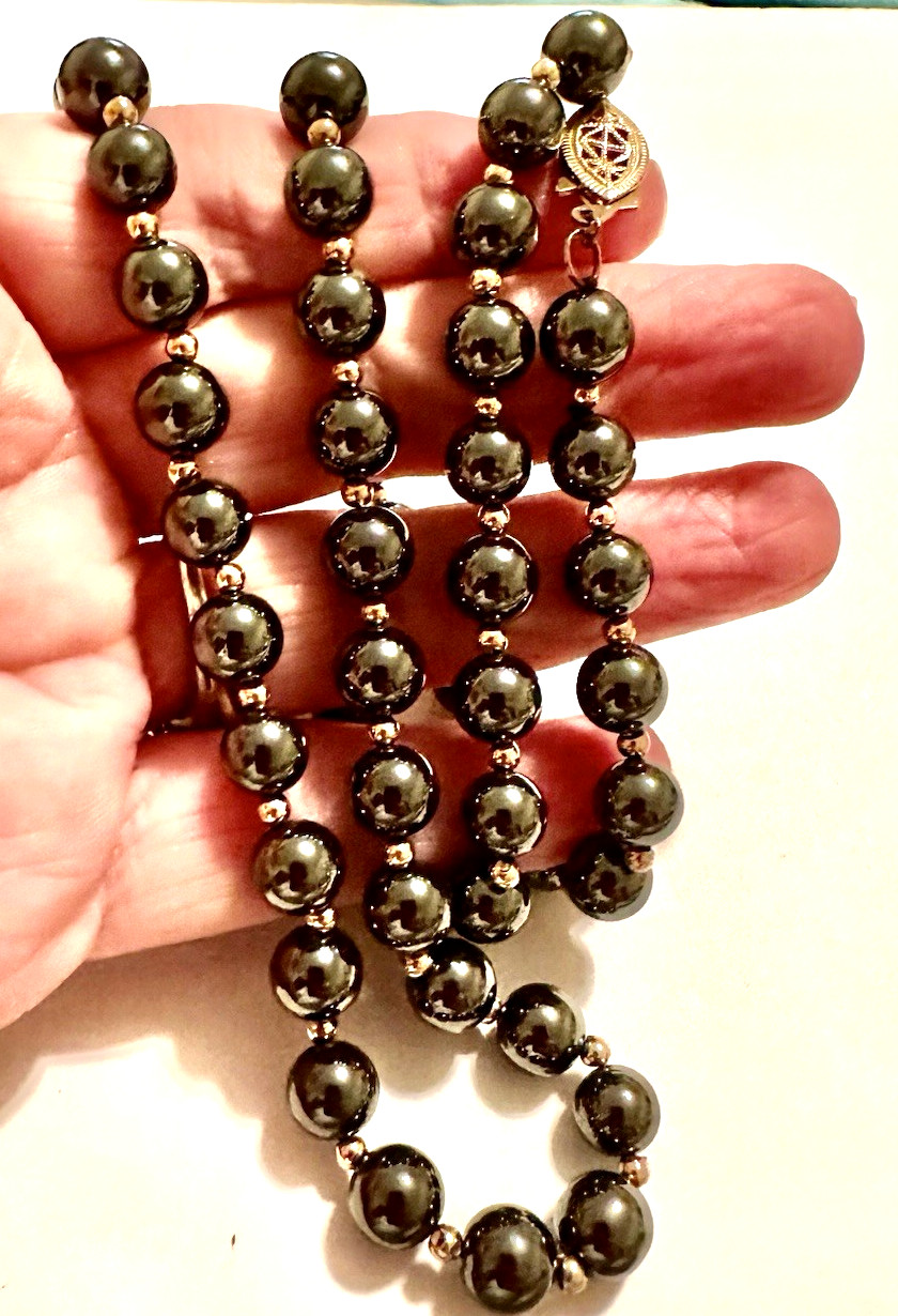 SIGNED 14K GF Clasp Hematite Bead Necklace 25″ Vintage Gold Tone Spacer Beads