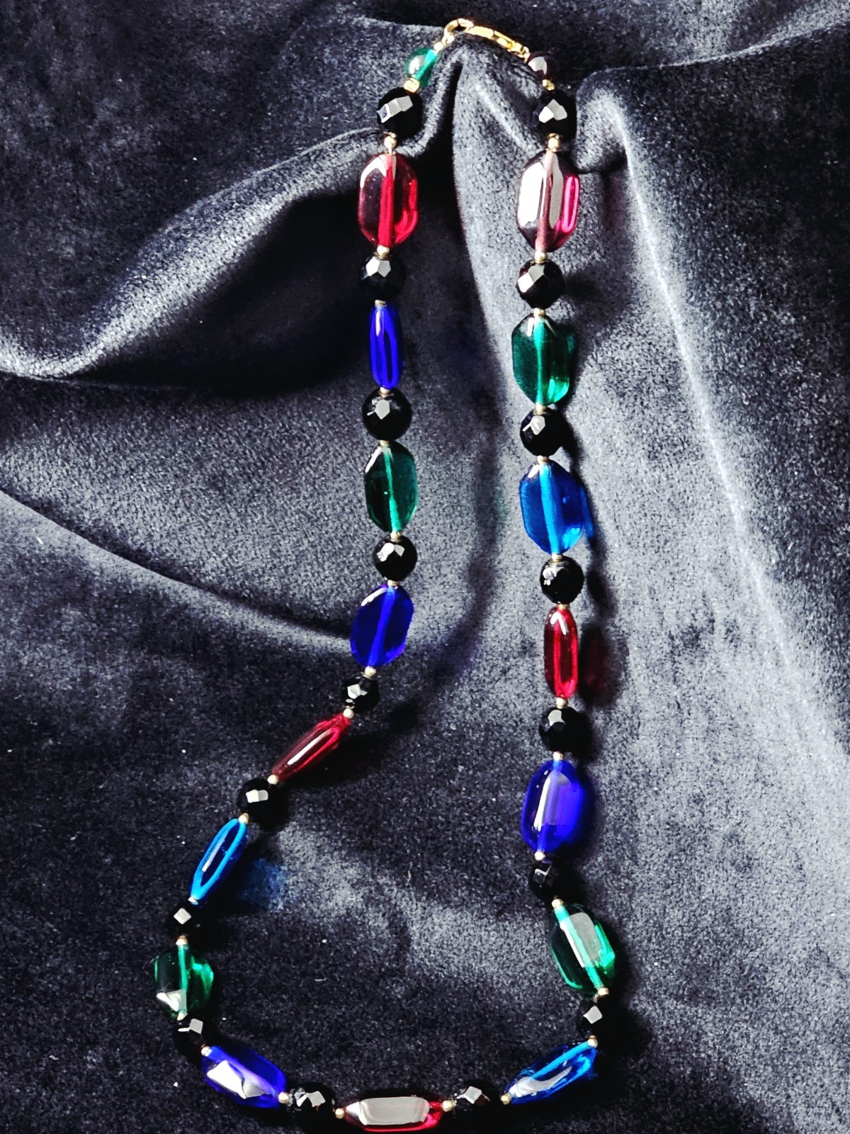 Vintage 1930s Czech Art Glass Necklace Blue & Clear Faceted Beads Handmade